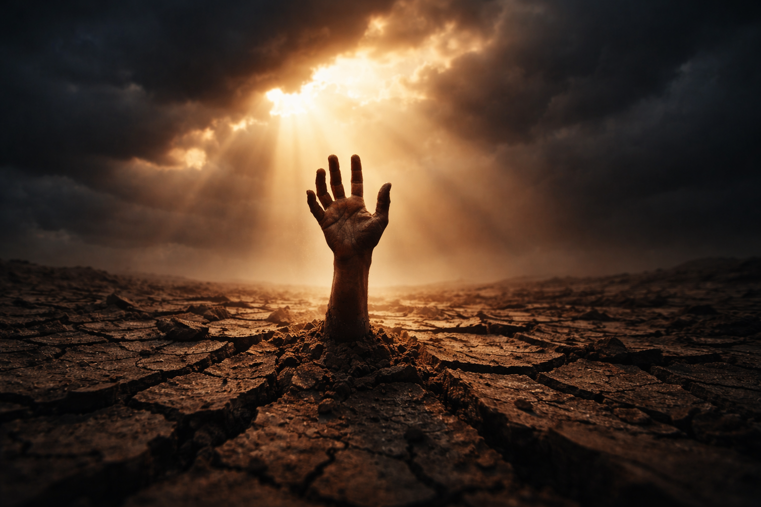 A hand reaching upward from dark, cracked ground as golden light breaks through storm clouds above, symbolizing God's grace sustaining creation through brokenness.